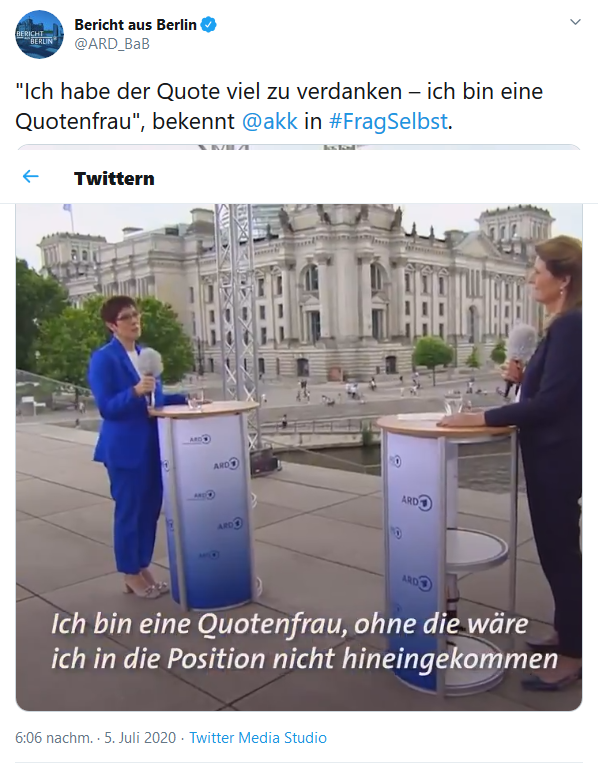Screenshot 2020 07 06 Bericht aus Berlin auf Twitter Ich habe der Quote viel zu verdanken ich bin eine Quotenfrau beken2